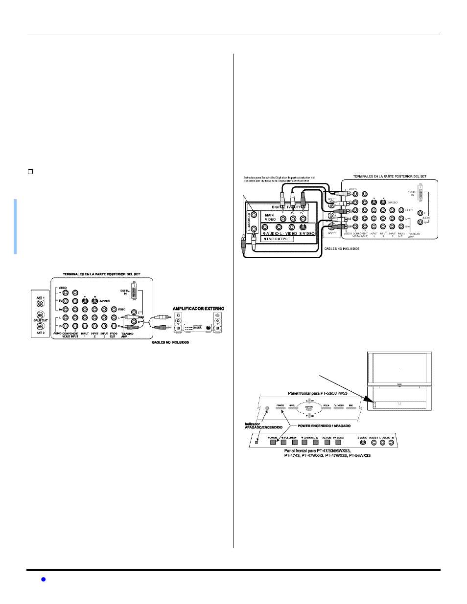 Conexion del amplificador de sonido, Conexion del decodificador de television digital, Panel de control frontal | Conexión del amplificador de sonido | Panasonic PT 56WX53 User Manual | Page 40 / 104