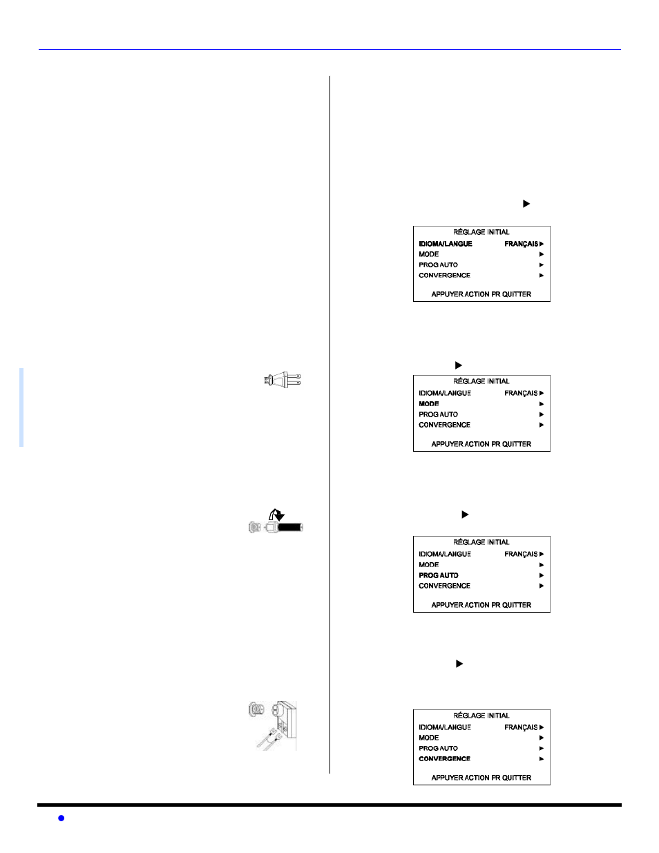 Installation, Emplacement du téléprojecteur, Branchement de sources auxiliaires | Cordon d’alimentation, Câble / antenne, Réglage initial | Panasonic PT 56WX53 User Manual | Page 70 / 104