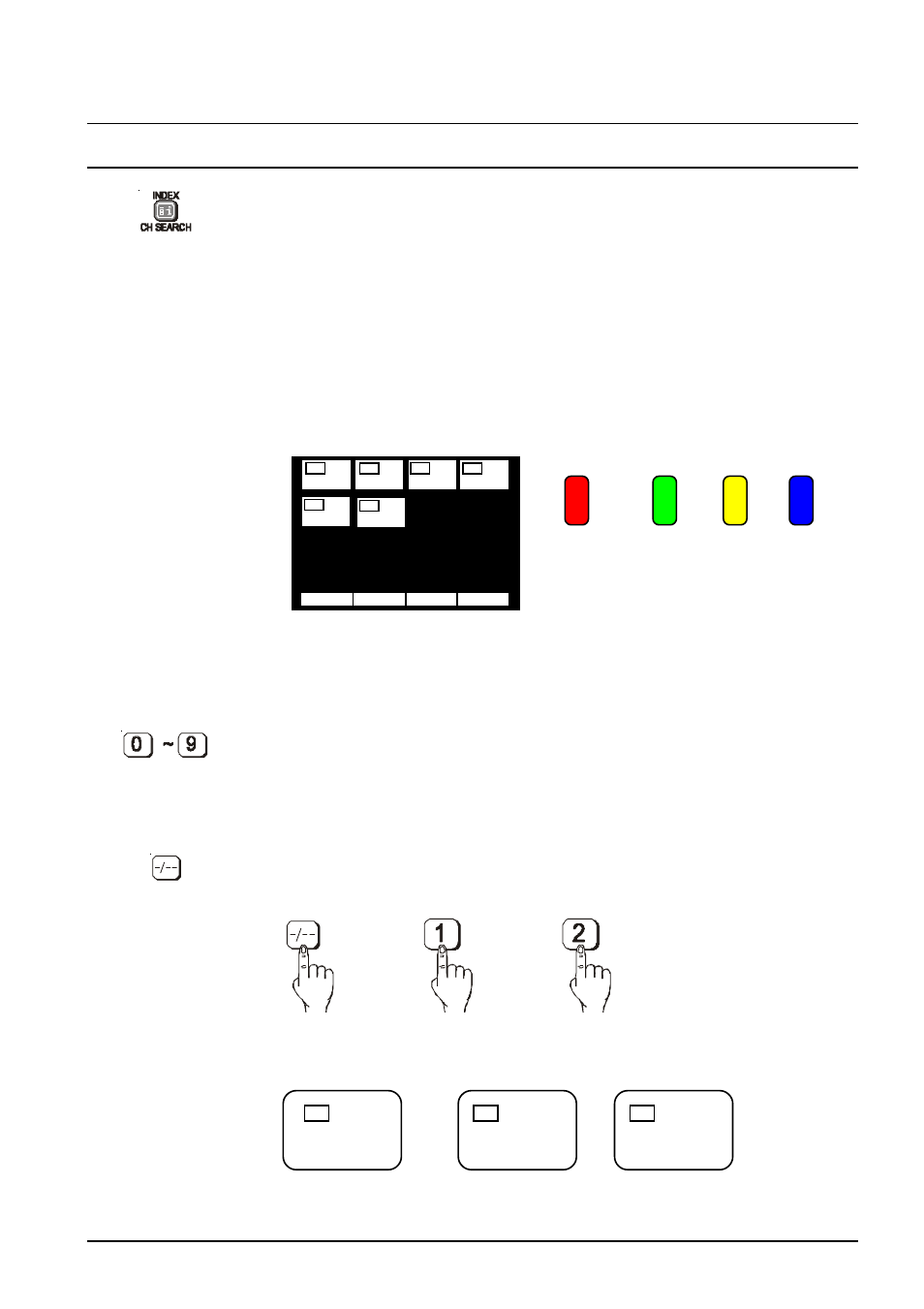 Ch search, Direct programme number selection, Two digit programme number selection | Remote control television operation, Button what it does | Panasonic TX-76PW300A User Manual | Page 13 / 40