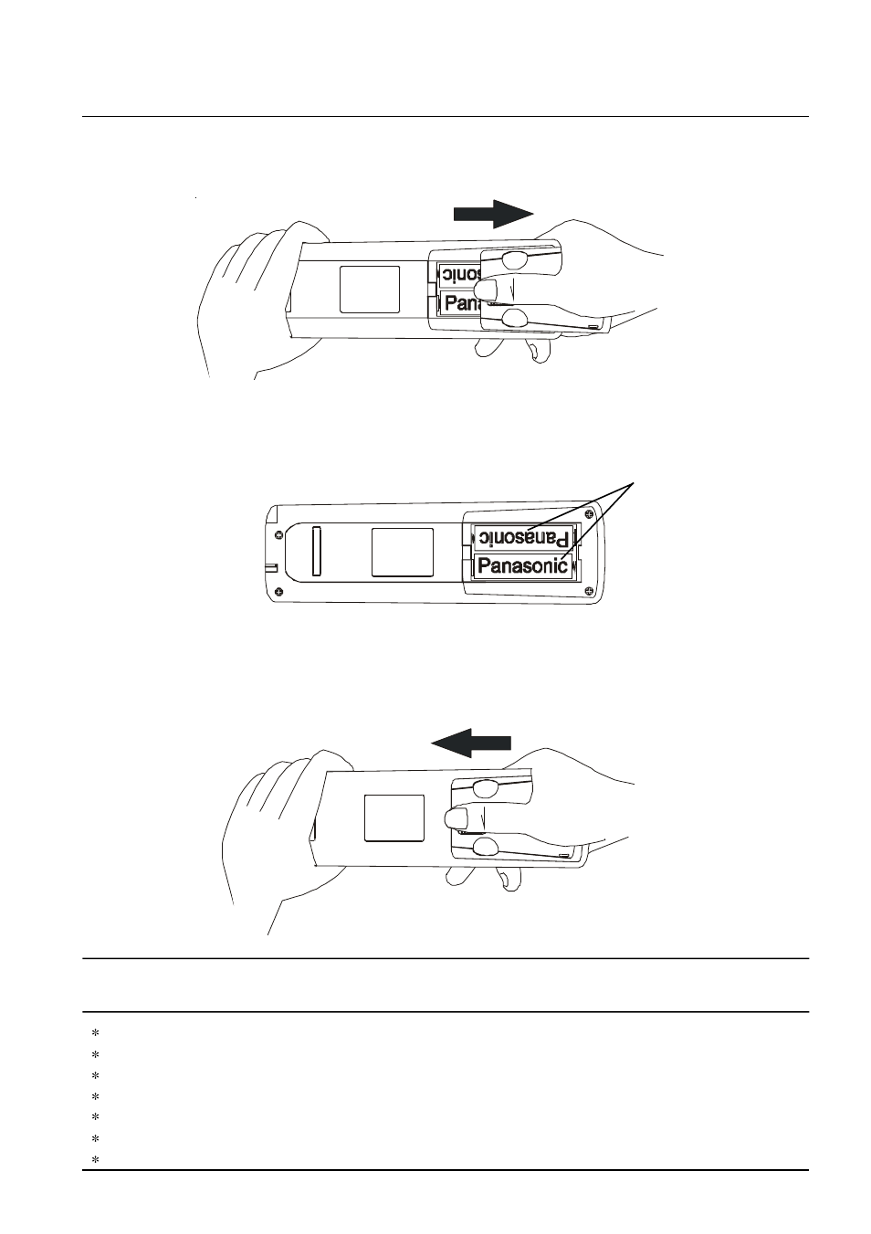Battery installation and replacement, Open battery cover, Insert batteries | Replace battery cover, Battery precautions | Panasonic TX-76PW300A User Manual | Page 7 / 40
