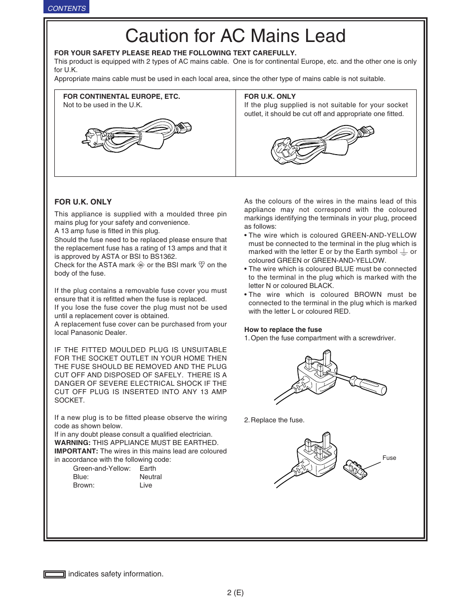 Caution for ac mains lead | Panasonic VQT9958 User Manual | Page 2 / 77