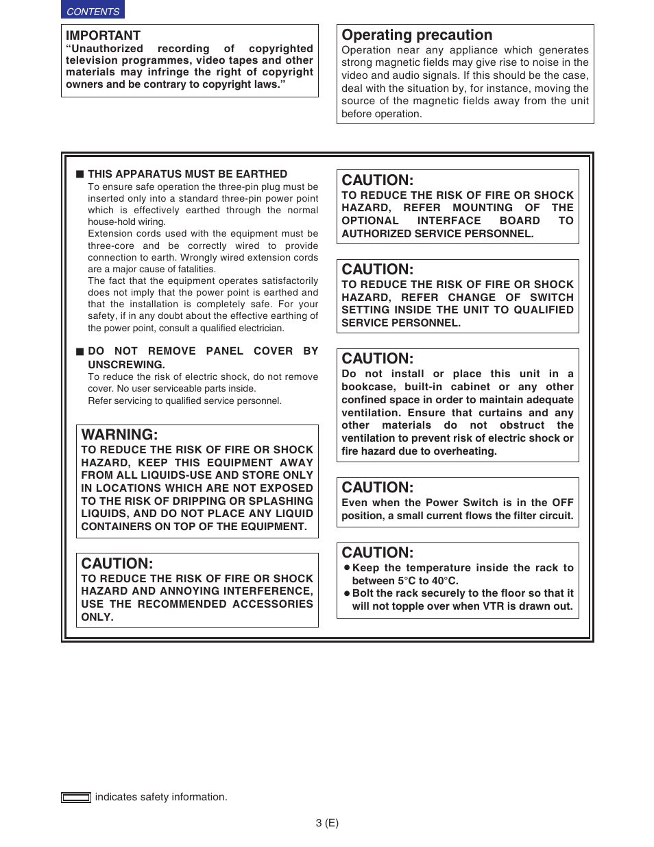 Operating precaution, Warning, Caution | Panasonic VQT9958 User Manual | Page 3 / 77