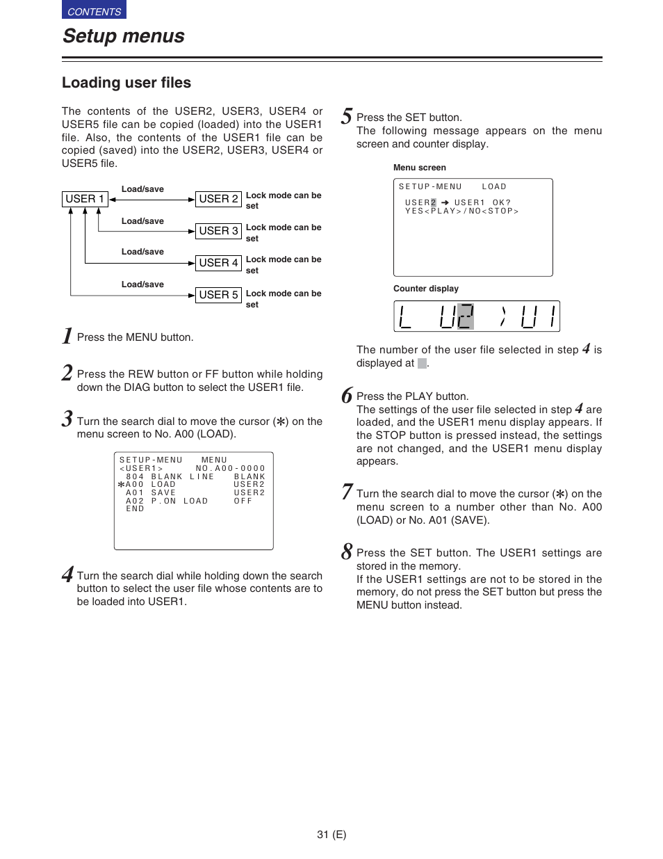 Setup menus, Loading user files | Panasonic VQT9958 User Manual | Page 31 / 77