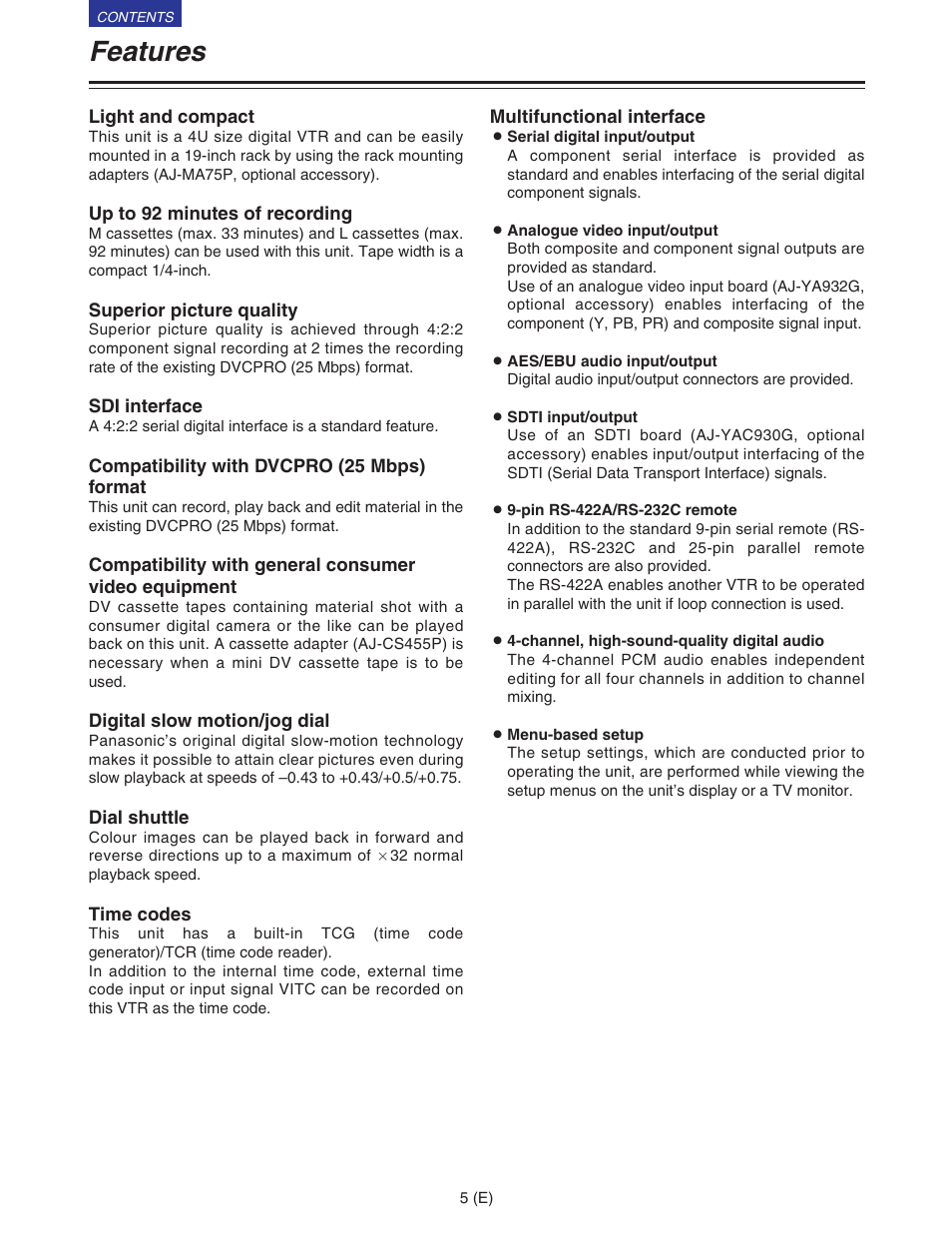 Features | Panasonic VQT9958 User Manual | Page 5 / 77