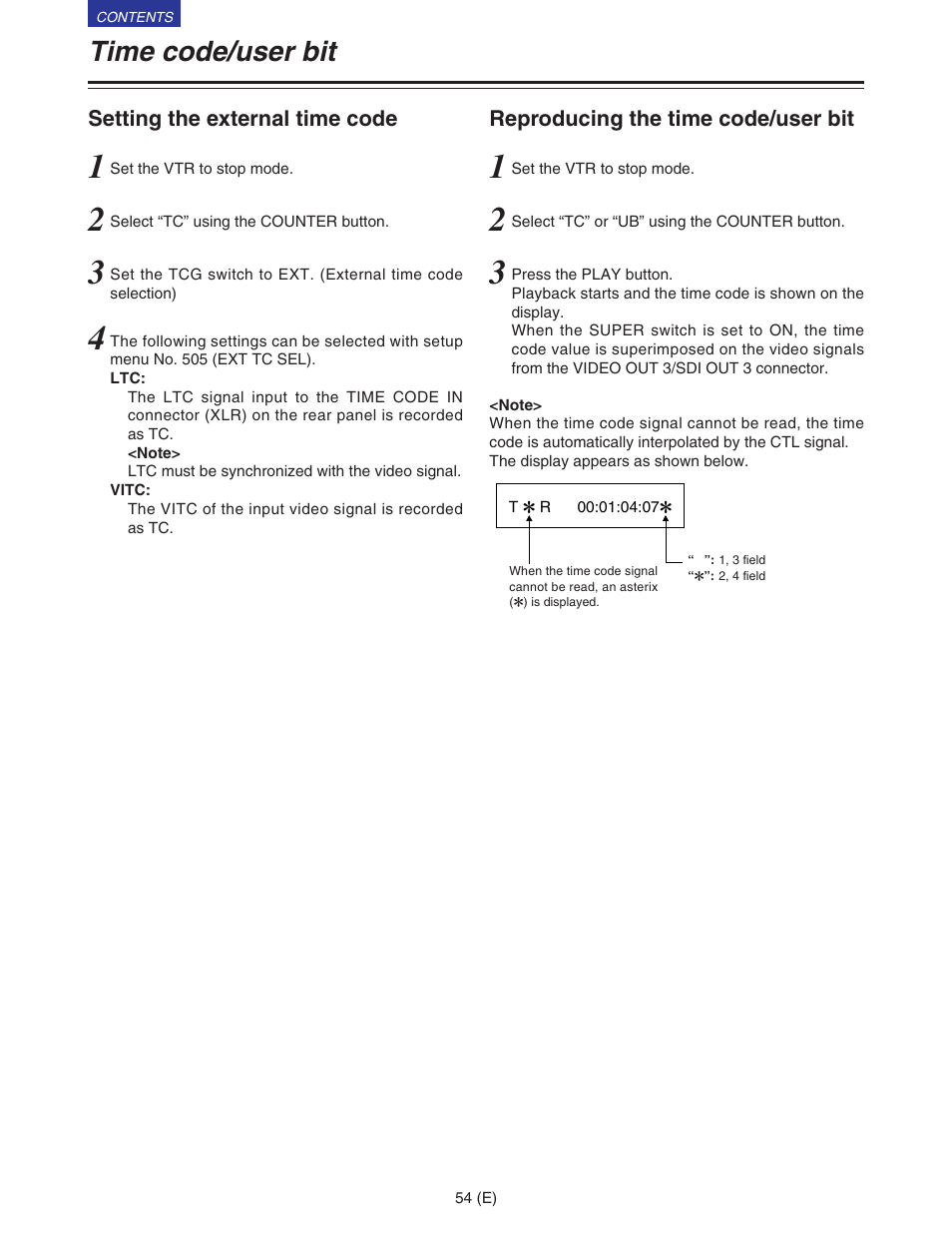 Time code/user bit | Panasonic VQT9958 User Manual | Page 54 / 77