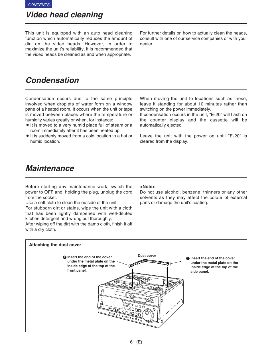 Video head cleaning, Condensation, Maintenance | Panasonic VQT9958 User Manual | Page 61 / 77