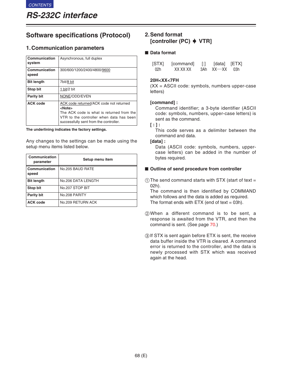 Rs-232c interface, Software specifications (protocol), Communication parameters | Send format [controller (pc) 5 vtr | Panasonic VQT9958 User Manual | Page 68 / 77