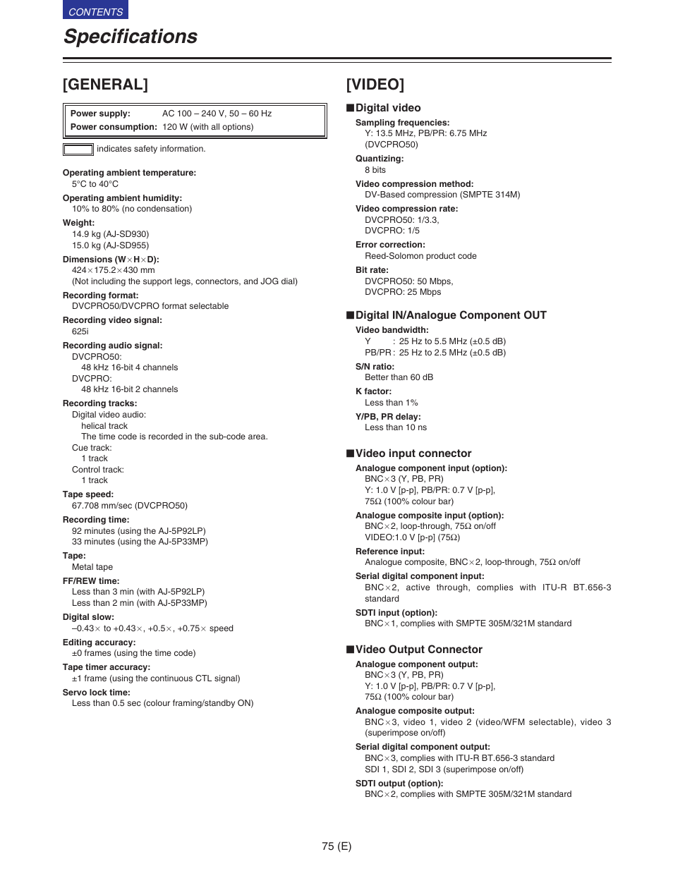 Specifications, General, Video | Panasonic VQT9958 User Manual | Page 75 / 77