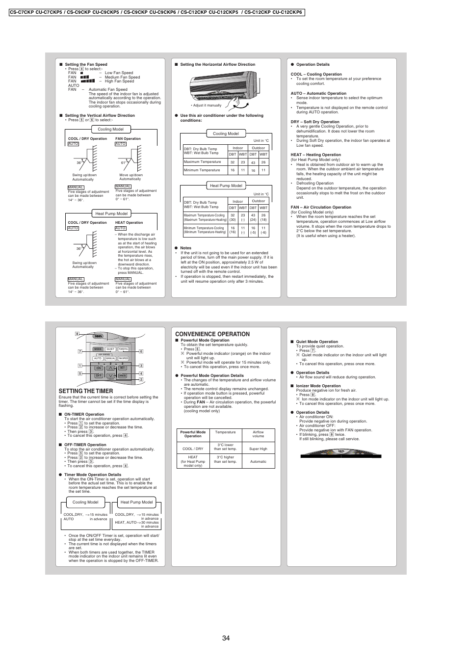 Setting the timer, Convenience operation | Panasonic CS-C9CKP User Manual | Page 3 / 6