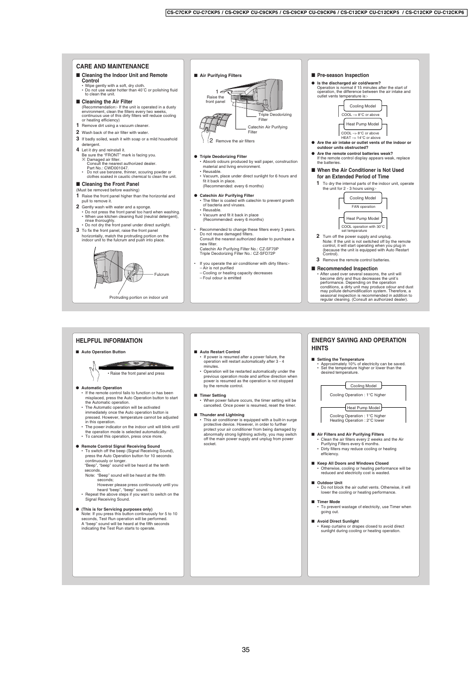 Care and maintenance, Helpful information, Energy saving and operation hints | Panasonic CS-C9CKP User Manual | Page 4 / 6