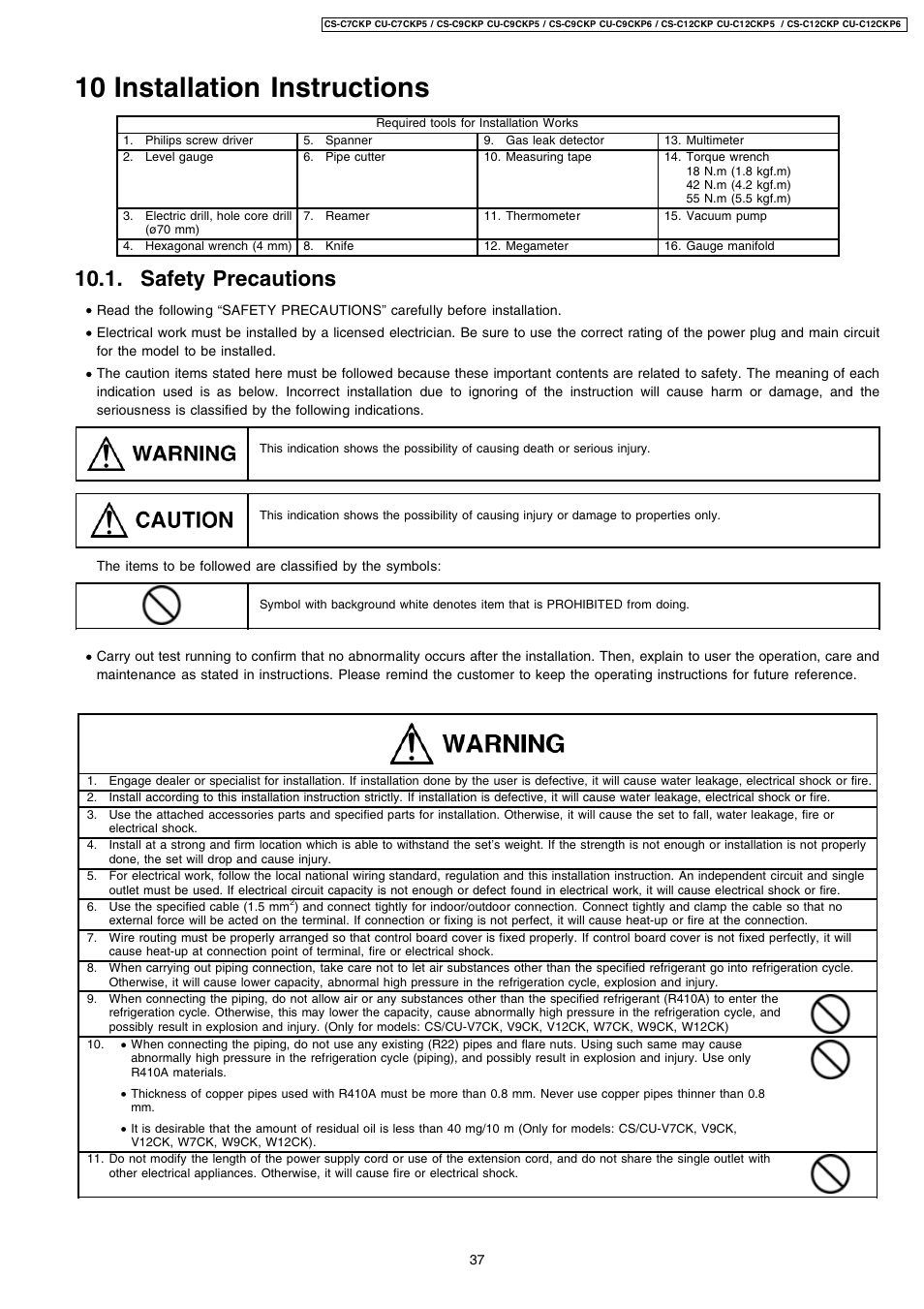 10 installation instructions, Safety precautions | Panasonic CS-C9CKP User Manual | Page 6 / 6