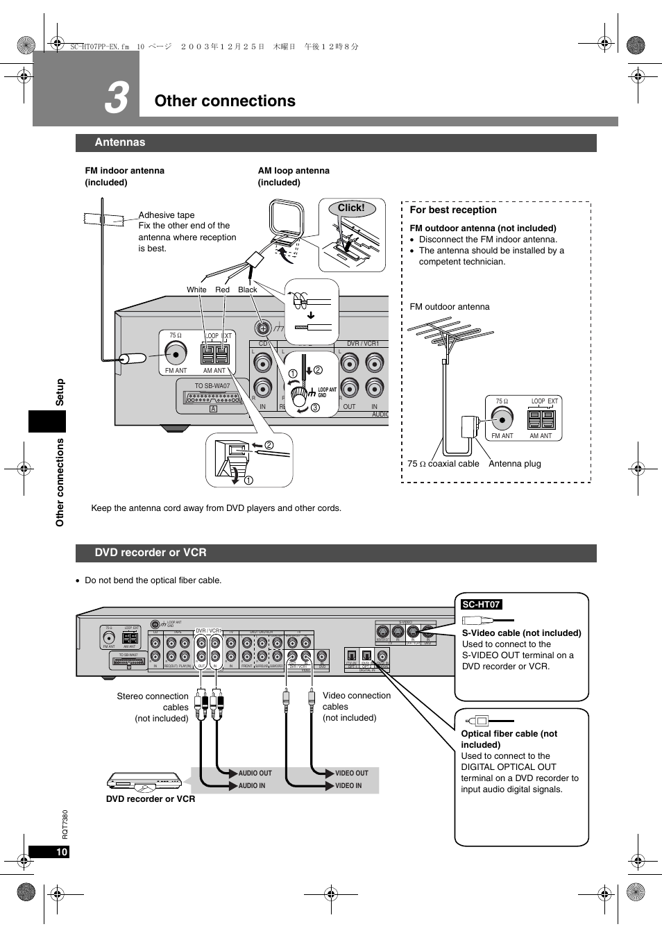 Other connections, Ther connections, Ntennas $6$ recorder or 6#2 | Therconnections 3etup, Or best reception, Lickø | Panasonic HT-SC07 User Manual | Page 10 / 28