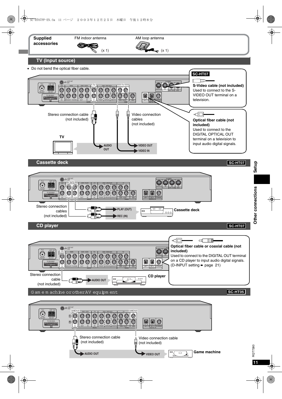 Therconnections 3etup, 3upplied accessories, Assette deck | Page, 3tereo connection cables not included, Indoor antenna !- loop antenna | Panasonic HT-SC07 User Manual | Page 11 / 28