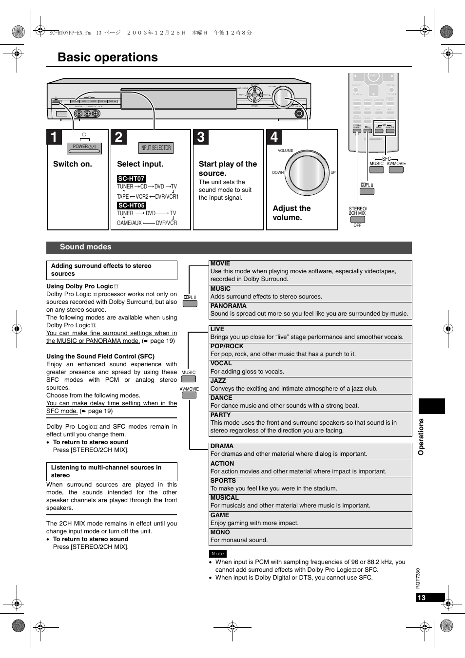 Operations, Basic operations, Asic operations | 3ound modes, 3witch on 3elect input 3tart play of the source, Djust the volume, P eratio ns | Panasonic HT-SC07 User Manual | Page 13 / 28