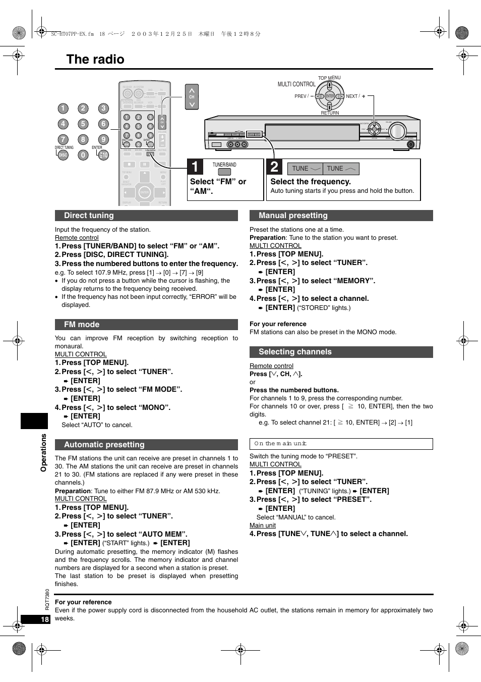 The radio, 4he radio, Irect tuning &- mode !utomatic presetting | Anual presetting 3electing channels, 3elect n&-o or n!-n 3elect the frequency | Panasonic HT-SC07 User Manual | Page 18 / 28