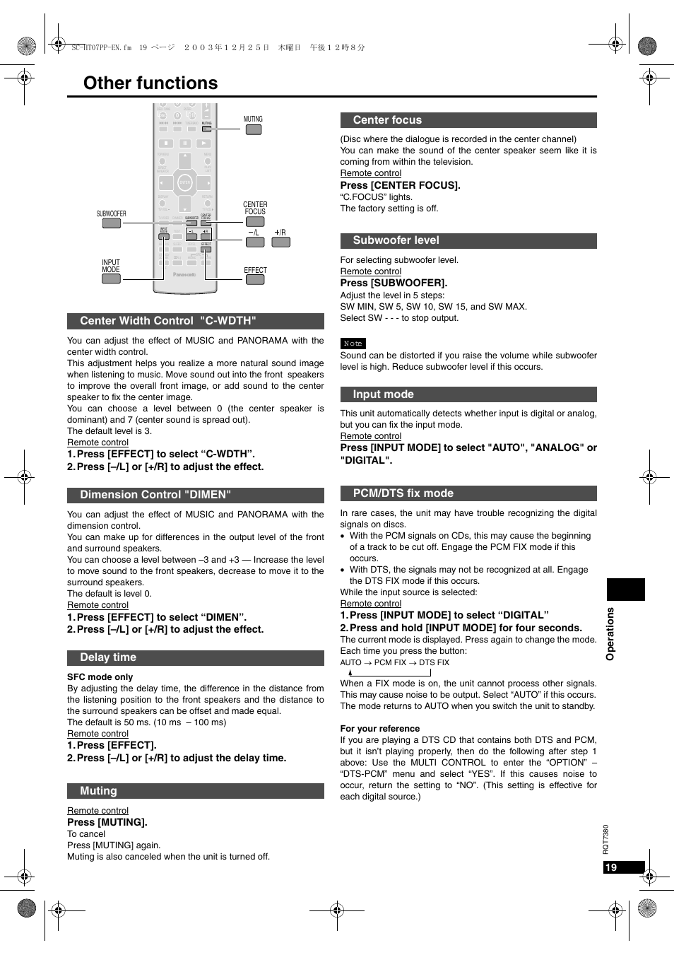 Other fuctions, Ther functions, P eratio ns | 0ress ;-54) | Panasonic HT-SC07 User Manual | Page 19 / 28
