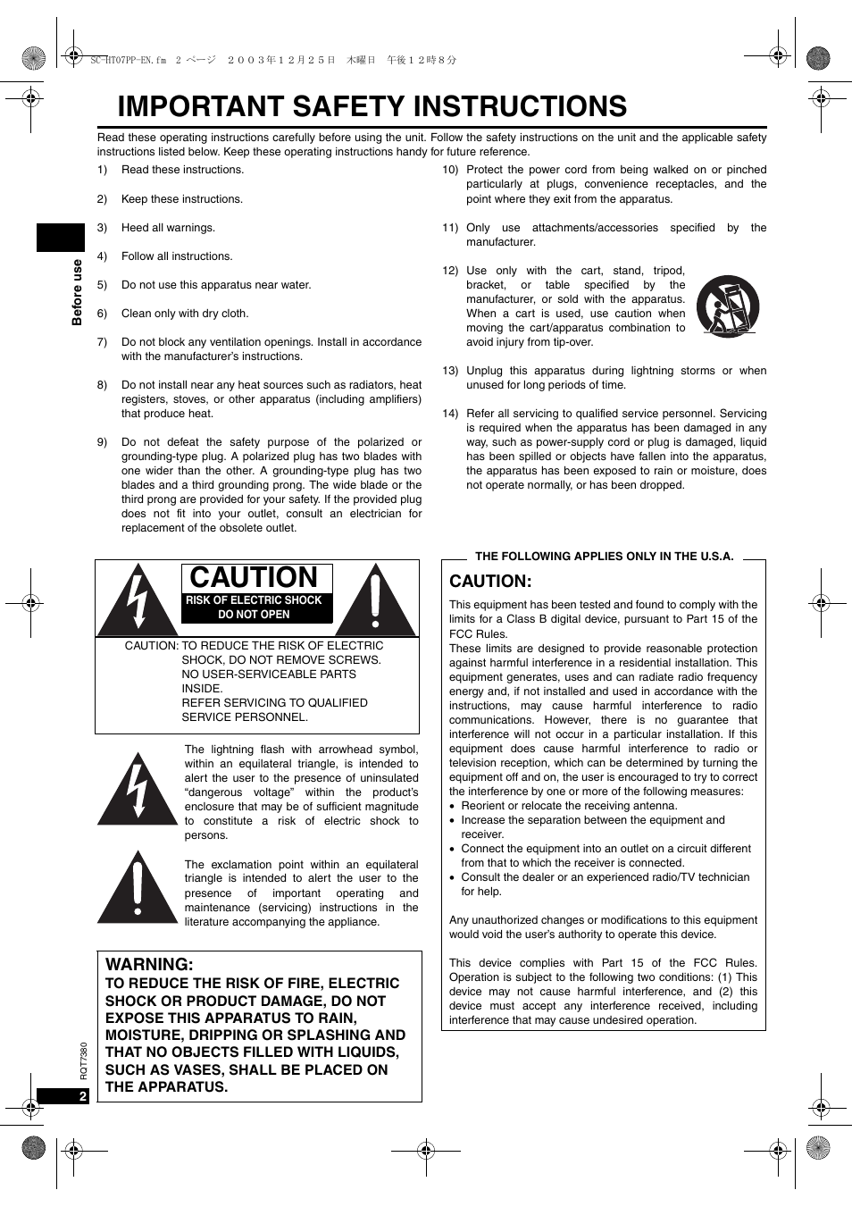 Before use, Important safety instructions | Panasonic HT-SC07 User Manual | Page 2 / 28
