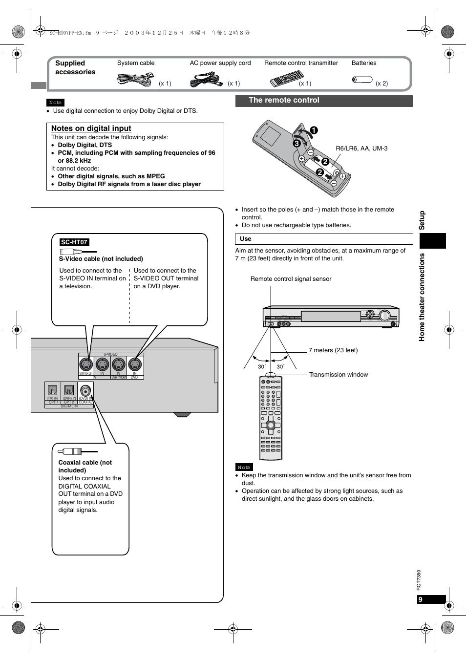 4he remote control, Otes on digital input | Panasonic HT-SC07 User Manual | Page 9 / 28