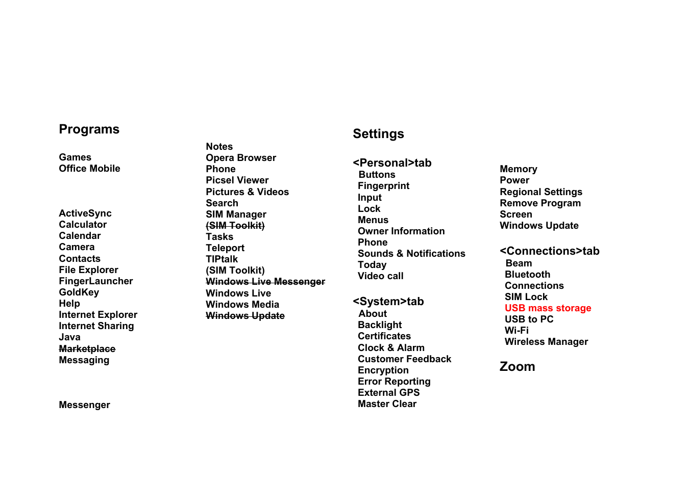 Menu tree, Programs, Settings | Zoom | Panasonic RG4-E02 User Manual | Page 127 / 128