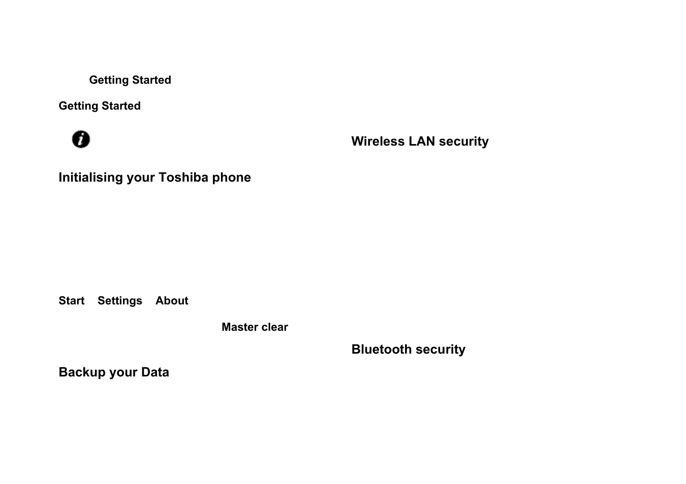 Nitialising your, Oshiba phone, Ackup your | Safety instructions, Ireless, Security, Luetooth security | Panasonic RG4-E02 User Manual | Page 14 / 128