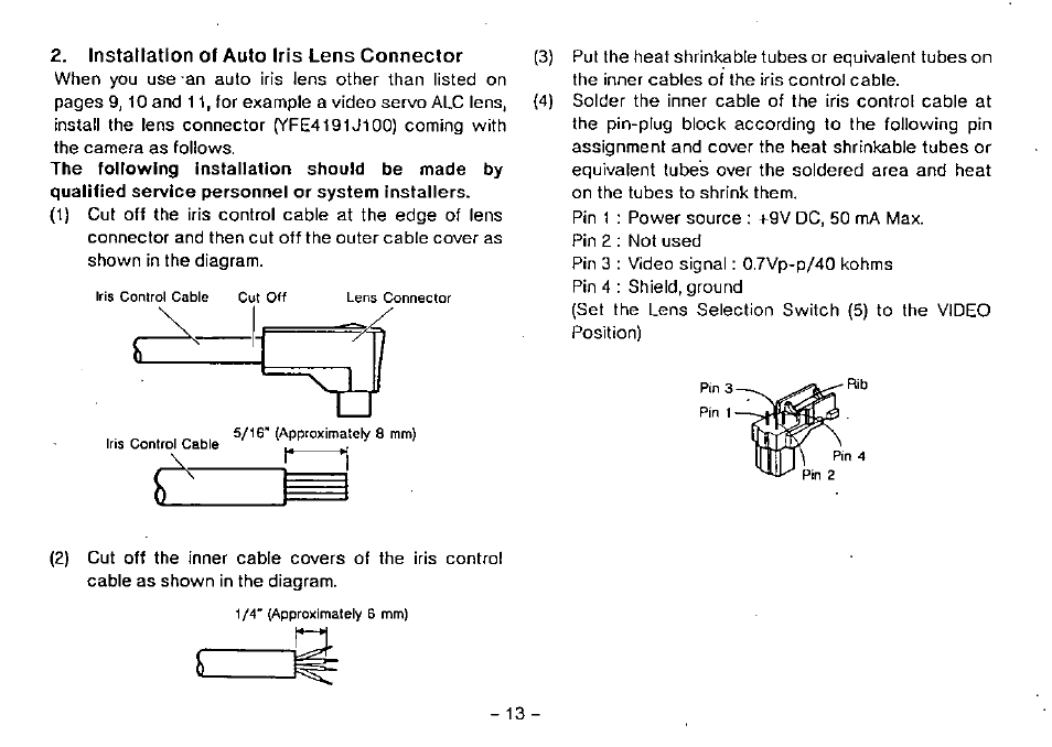 Installation of auto iris lens connector | Panasonic WV-BP100 User Manual | Page 15 / 20