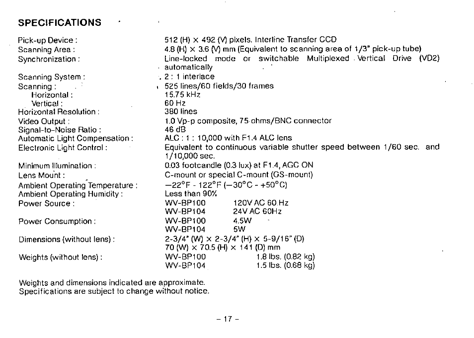 Specifications | Panasonic WV-BP100 User Manual | Page 19 / 20