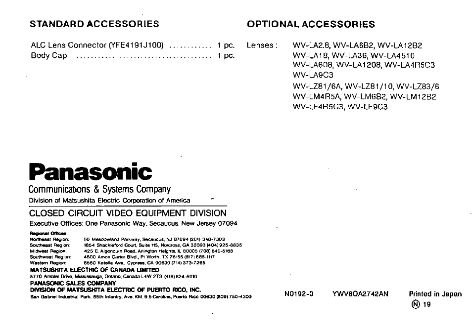 Standard accessories, Optional accessories, Closed circuit video equipment division | Panasonic, Standard accessories optional accessories | Panasonic WV-BP100 User Manual | Page 20 / 20