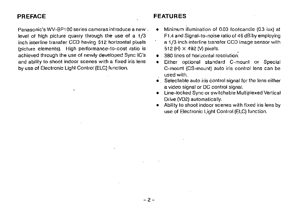Preface features | Panasonic WV-BP100 User Manual | Page 4 / 20