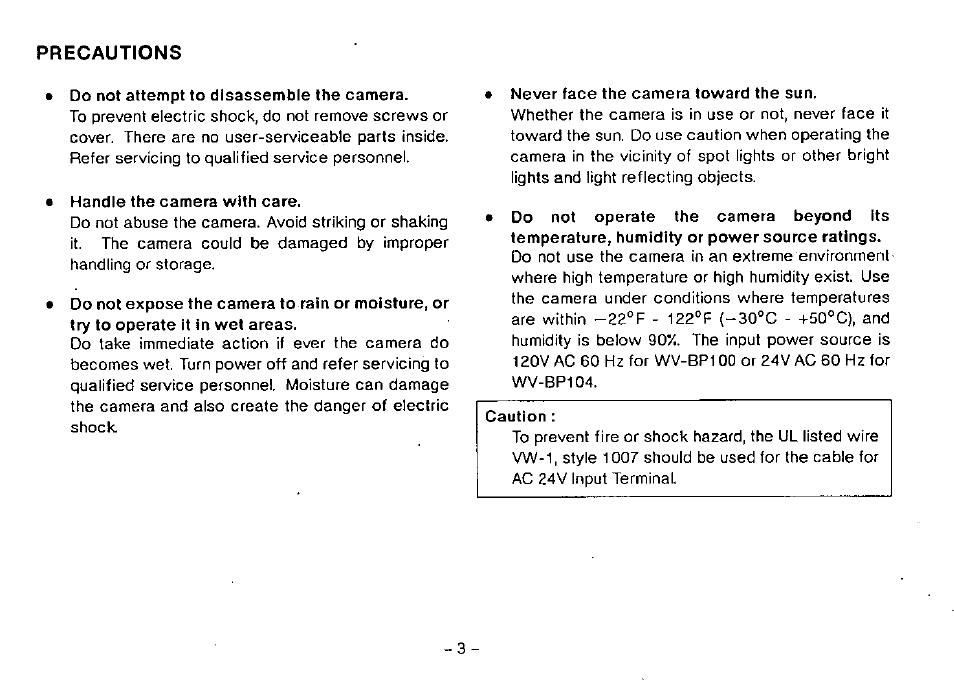 Precautions | Panasonic WV-BP100 User Manual | Page 5 / 20