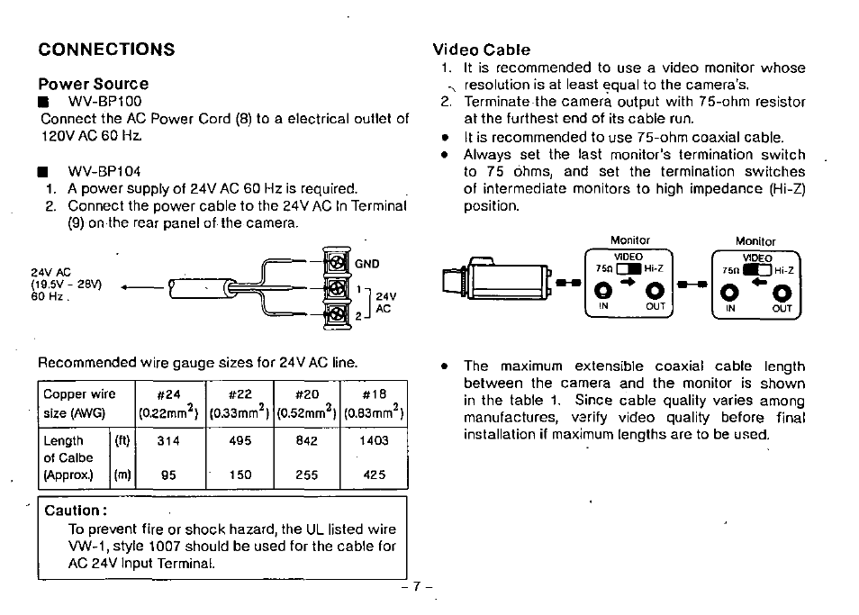 Connections, Power source, Video cable | Connections power source | Panasonic WV-BP100 User Manual | Page 9 / 20