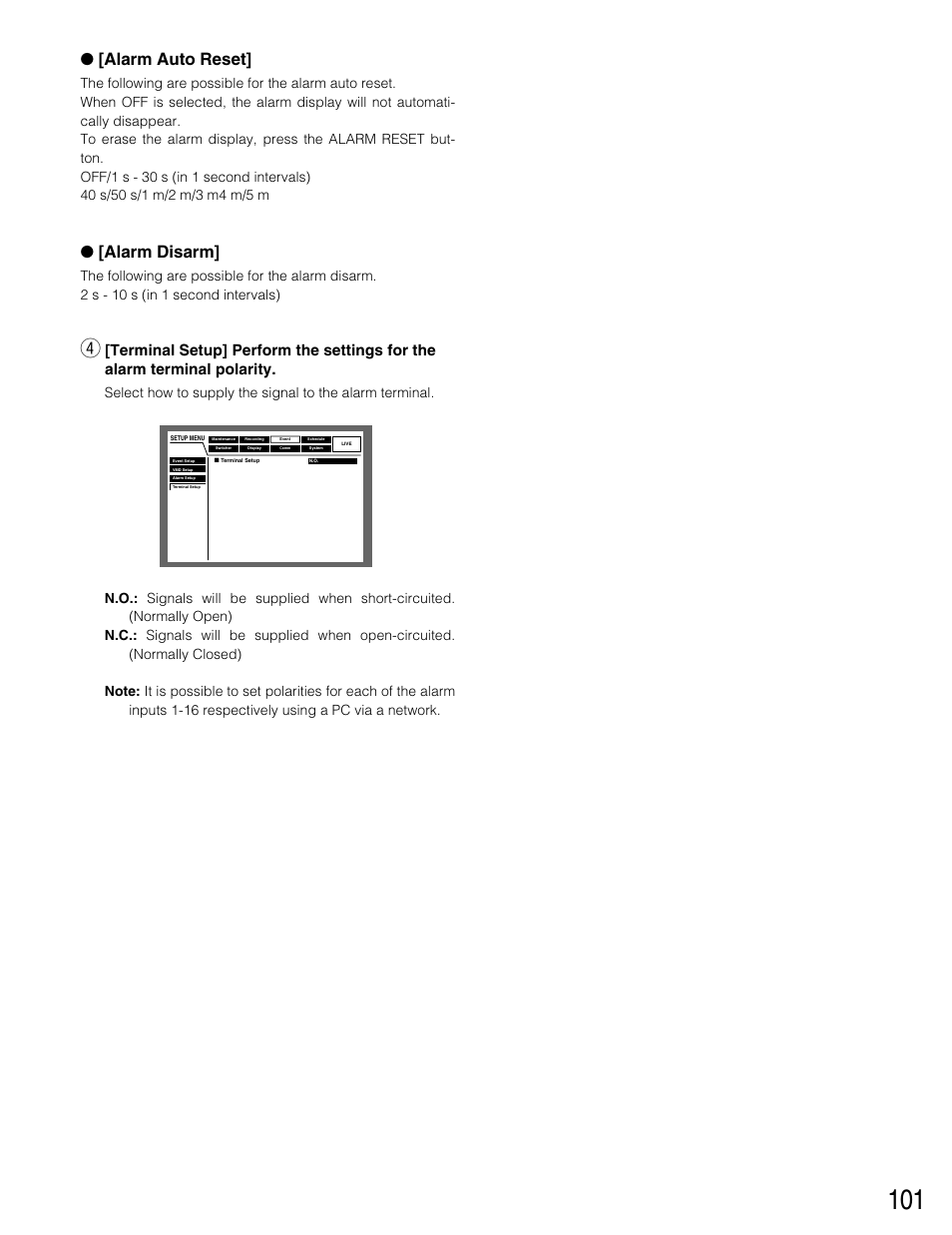 Alarm auto reset, Alarm disarm | Panasonic WJ-HD316 User Manual | Page 101 / 160