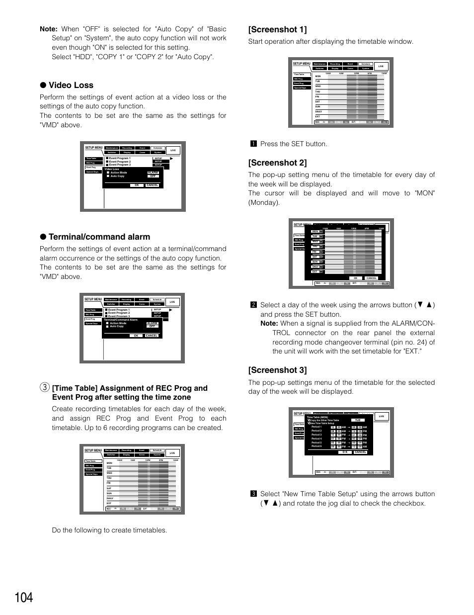 Video loss, Terminal/command alarm, Screenshot 1 | Screenshot 2, Screenshot 3 | Panasonic WJ-HD316 User Manual | Page 104 / 160