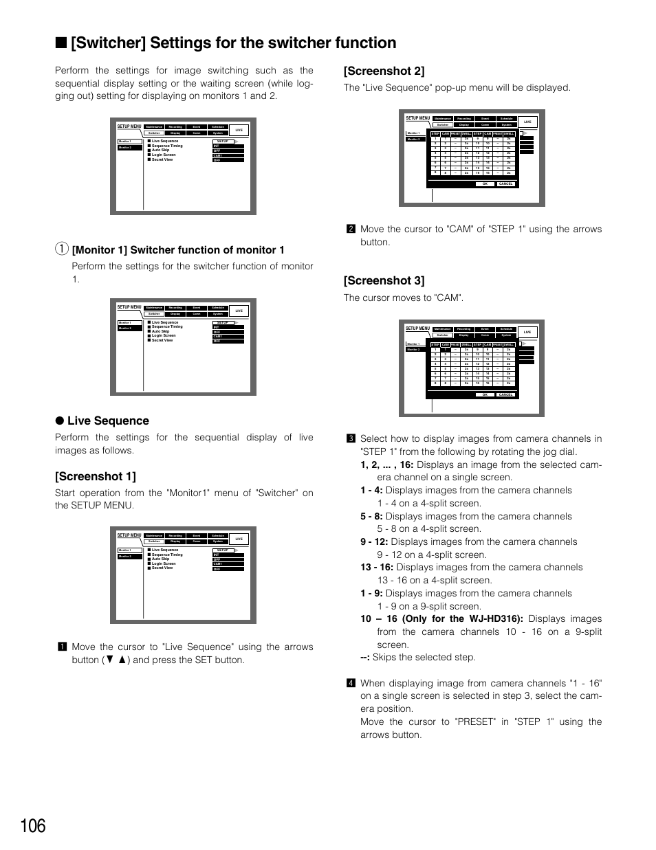Switcher] settings for the, Switcher] settings for the switcher function, Live sequence | Screenshot 1, Screenshot 2, Screenshot 3, Monitor 1] switcher function of monitor 1 | Panasonic WJ-HD316 User Manual | Page 106 / 160