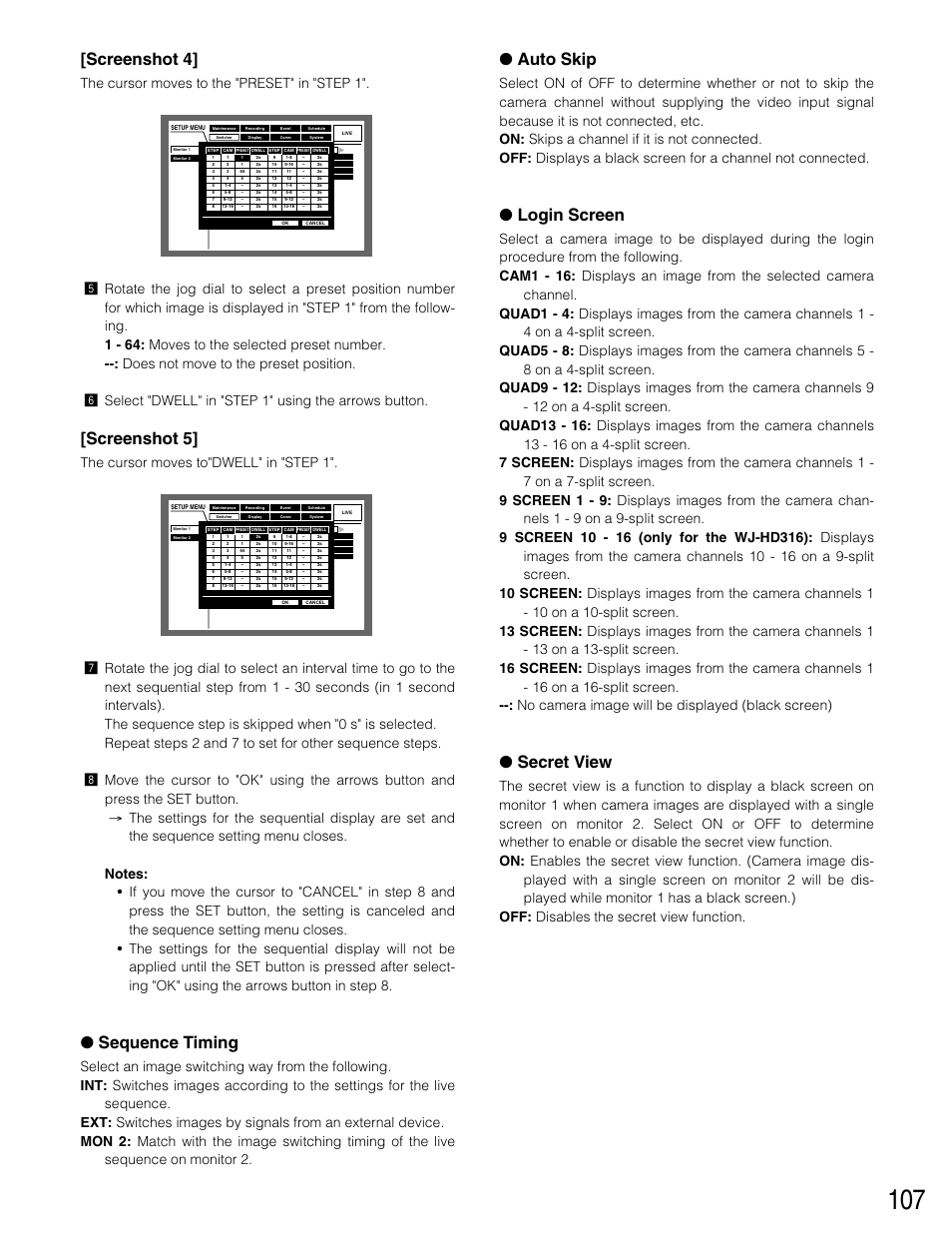 Screenshot 4, Screenshot 5, Sequence timing | Auto skip, Login screen, Secret view | Panasonic WJ-HD316 User Manual | Page 107 / 160
