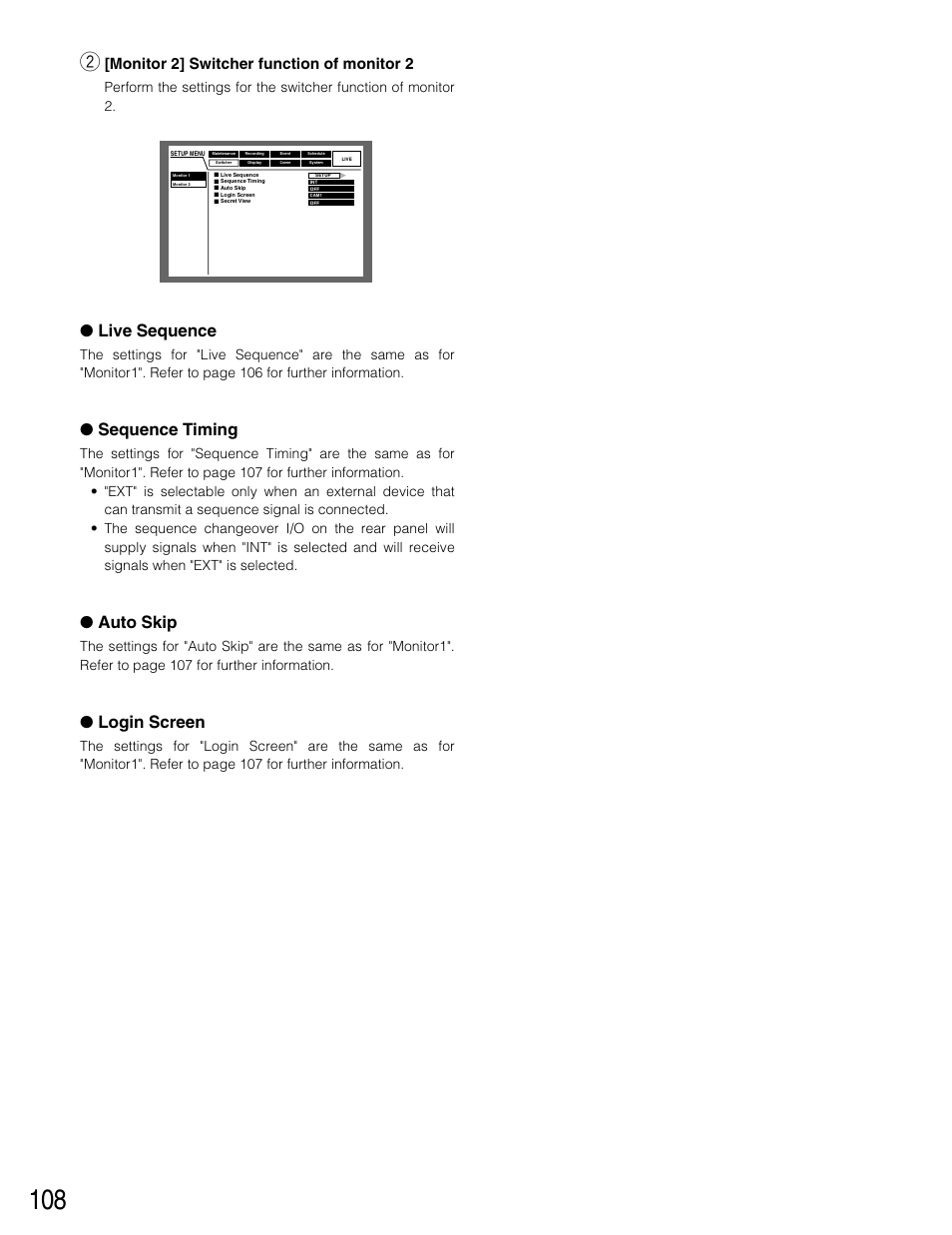 Live sequence, Sequence timing, Auto skip | Login screen, Monitor 2] switcher function of monitor 2 | Panasonic WJ-HD316 User Manual | Page 108 / 160