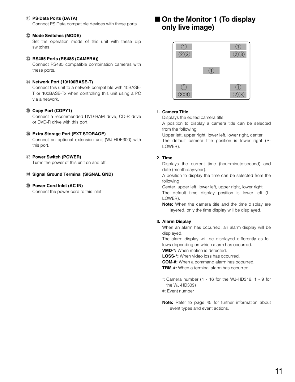 On the monitor 1 (to displa, On the monitor 1 (to display only live image) | Panasonic WJ-HD316 User Manual | Page 11 / 160