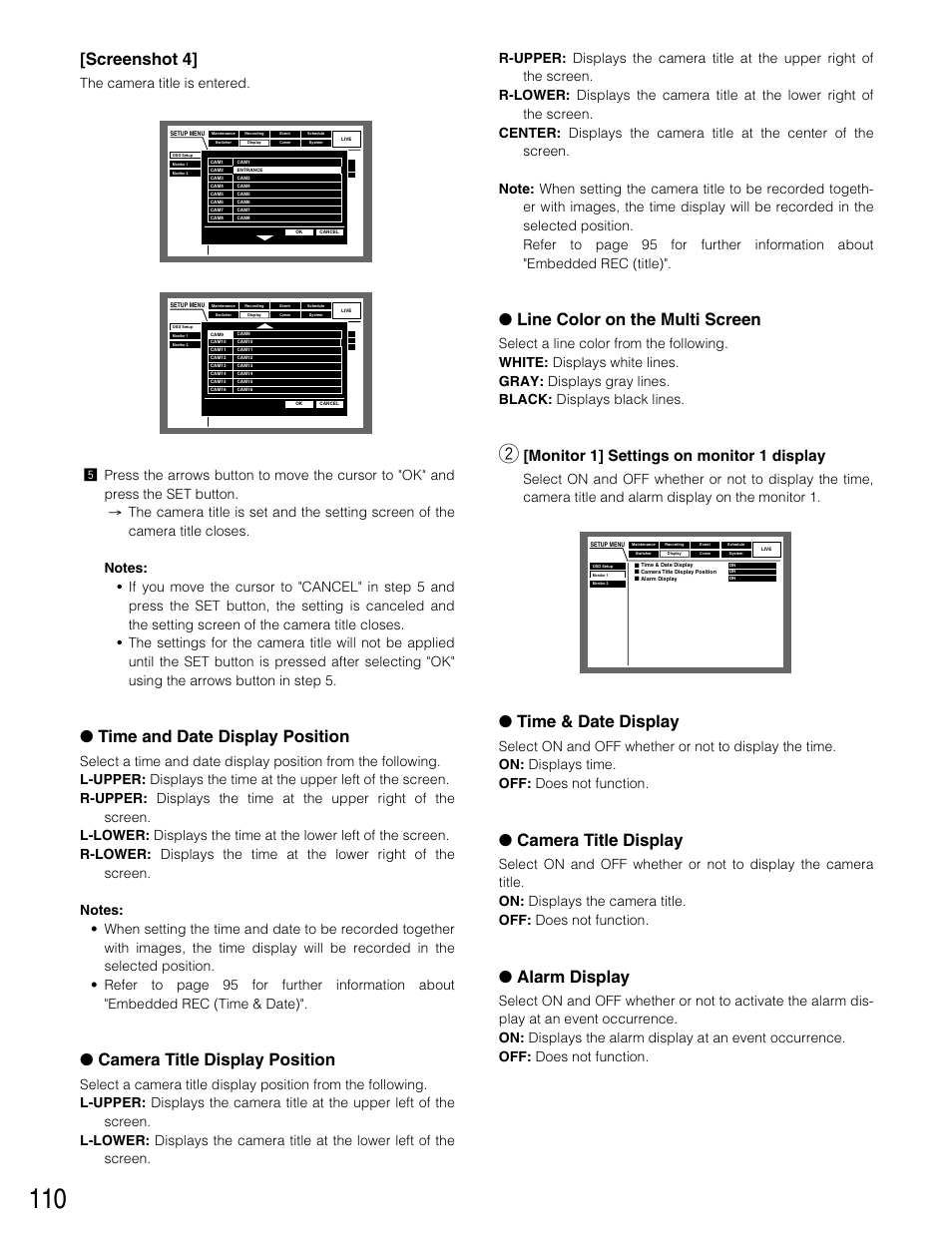 Screenshot 4, Time and date display position, Camera title display position | Line color on the multi screen, Time & date display, Camera title display, Alarm display, Monitor 1] settings on monitor 1 display | Panasonic WJ-HD316 User Manual | Page 110 / 160