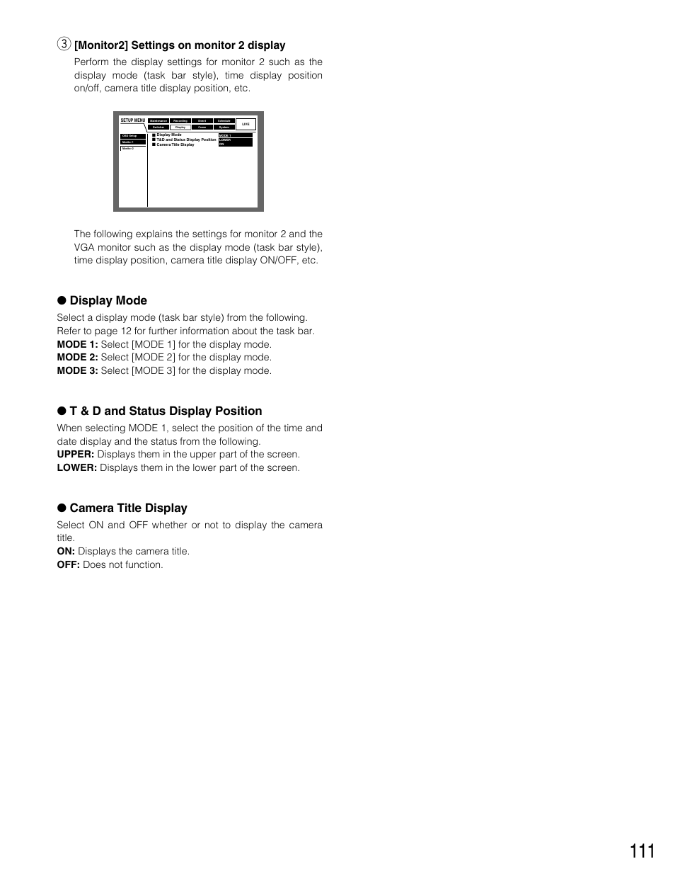 Display mode, T & d and status display position, Camera title display | Monitor2] settings on monitor 2 display | Panasonic WJ-HD316 User Manual | Page 111 / 160