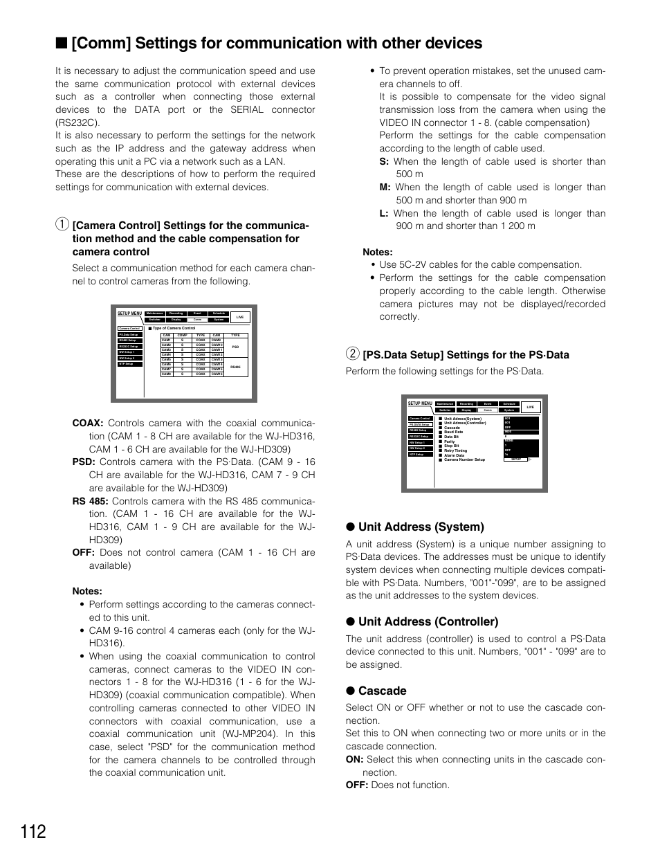 Comm] settings for communic, Comm] settings for communication with other, Devices | Unit address (system), Unit address (controller), Cascade, Ps.data setup] settings for the ps·data, Perform the following settings for the ps·data | Panasonic WJ-HD316 User Manual | Page 112 / 160
