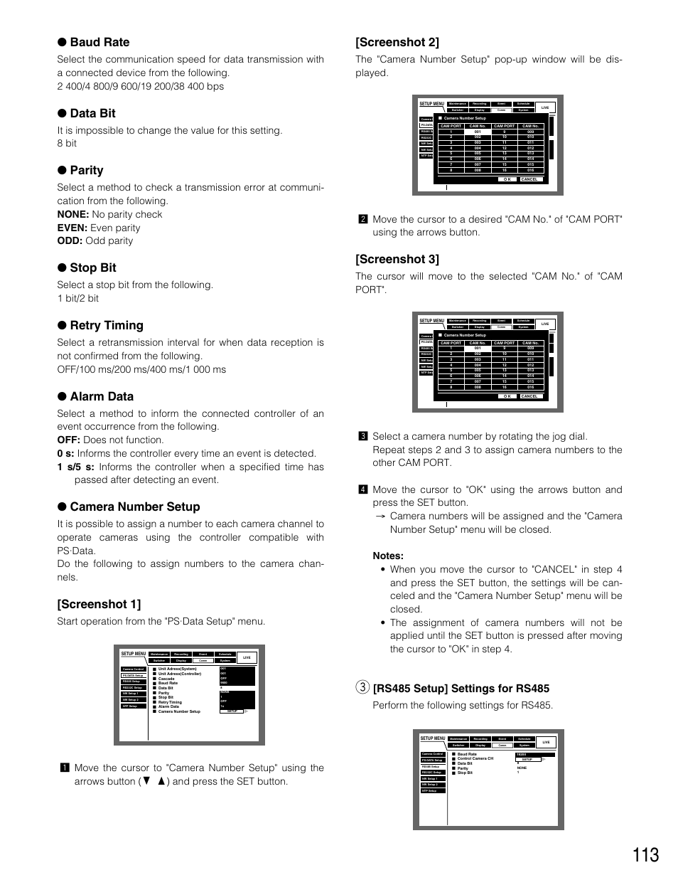 Baud rate, Data bit, Parity | Stop bit, Retry timing, Alarm data, Camera number setup, Screenshot 1, Screenshot 2, Screenshot 3 | Panasonic WJ-HD316 User Manual | Page 113 / 160