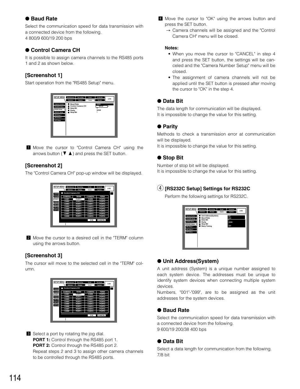 Baud rate, Control camera ch, Screenshot 1 | Screenshot 2, Screenshot 3, Data bit, Parity, Stop bit, Unit address(system), Perform the following settings for rs232c | Panasonic WJ-HD316 User Manual | Page 114 / 160