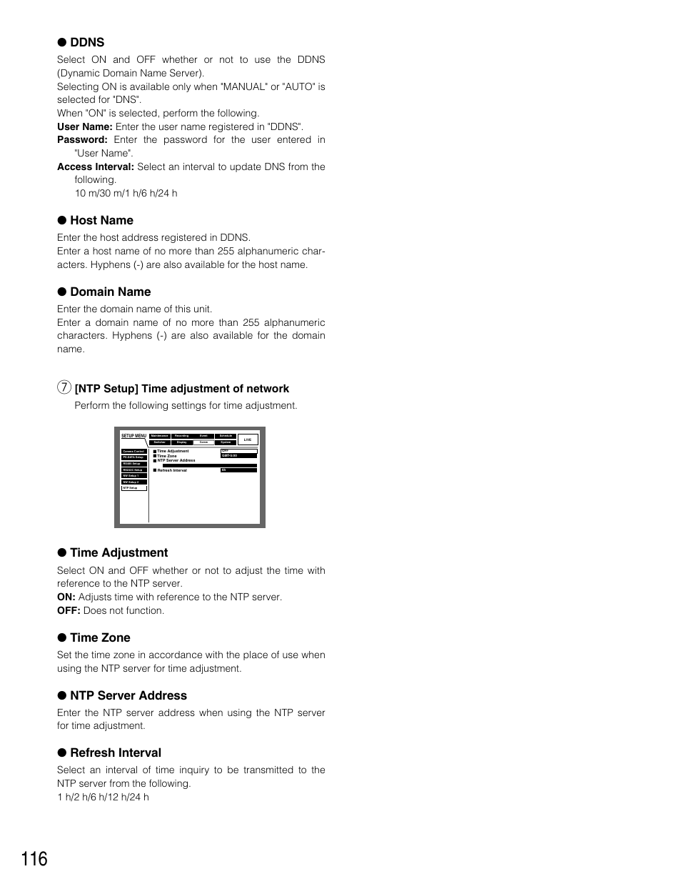 Ddns, Host name, Domain name | Time adjustment, Time zone, Ntp server address, Refresh interval, Ntp setup] time adjustment of network, Perform the following settings for time adjustment | Panasonic WJ-HD316 User Manual | Page 116 / 160