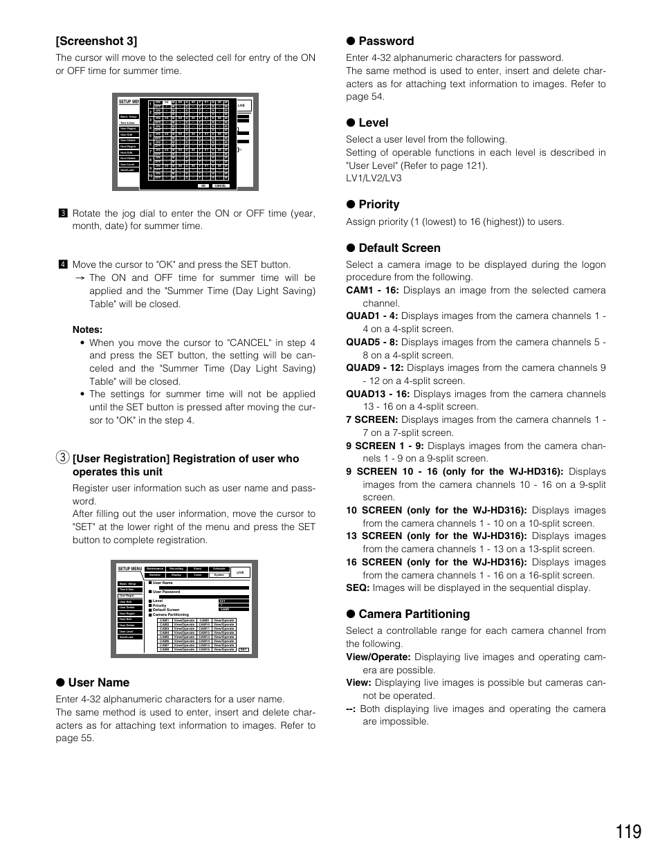 Screenshot 3, User name, Password | Level, Priority, Default screen, Camera partitioning | Panasonic WJ-HD316 User Manual | Page 119 / 160