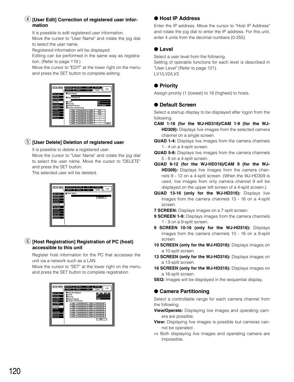 Host ip address, Level, Priority | Default screen, Camera partitioning, User delete] deletion of registered user | Panasonic WJ-HD316 User Manual | Page 120 / 160