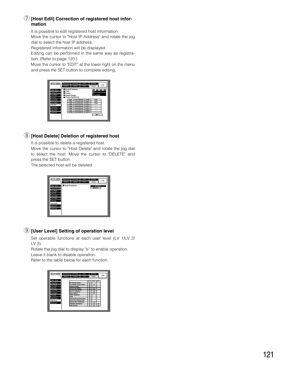 Host delete] deletion of registered host, User level] setting of operation level | Panasonic WJ-HD316 User Manual | Page 121 / 160