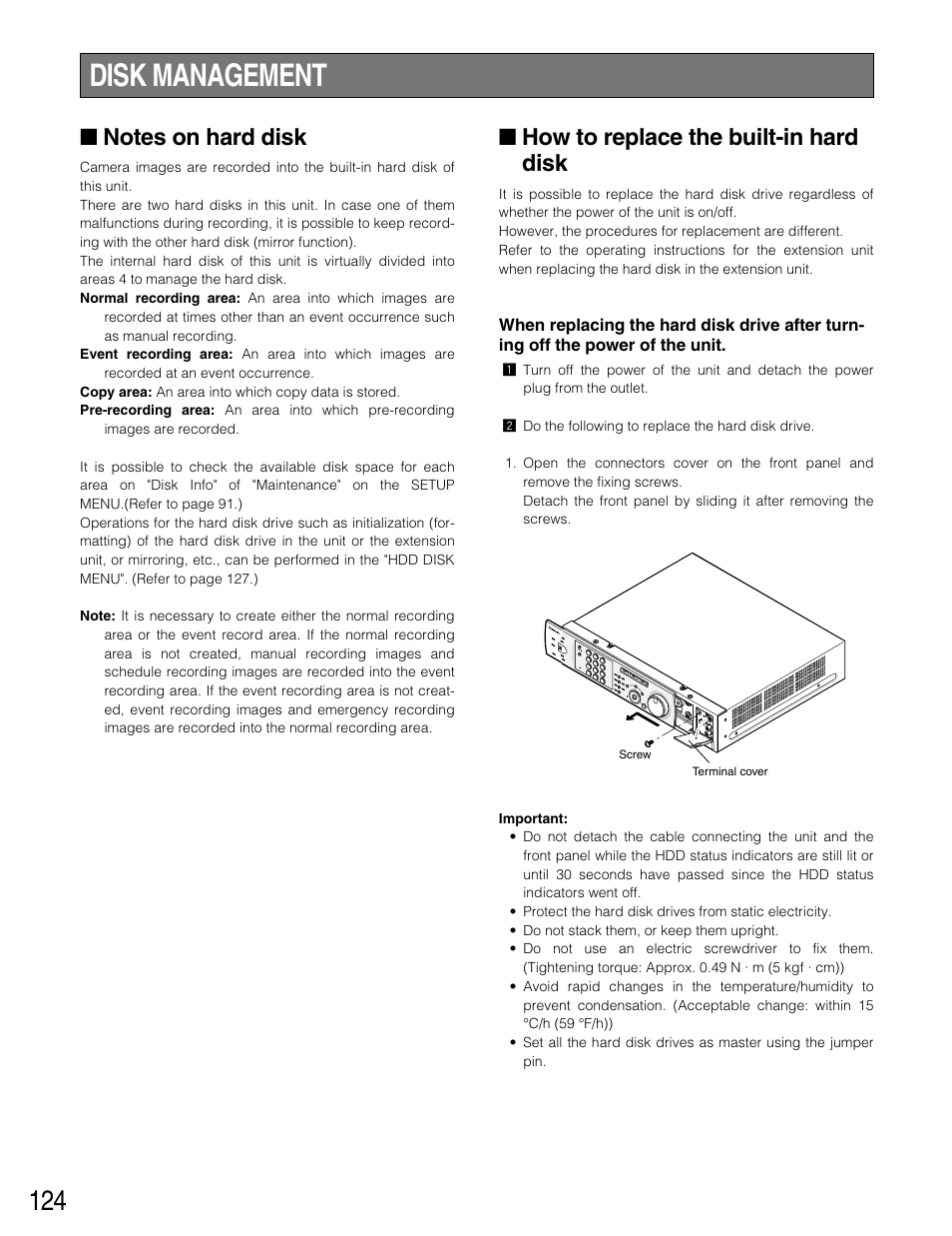 Disk management, Notes on hard disk, How to replace the built-in | How to replace the built-in hard disk | Panasonic WJ-HD316 User Manual | Page 124 / 160