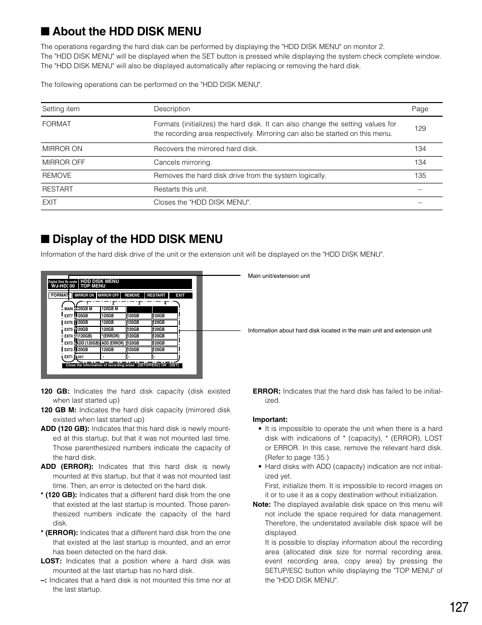 About the hdd disk menu, Display of the hdd disk menu | Panasonic WJ-HD316 User Manual | Page 127 / 160