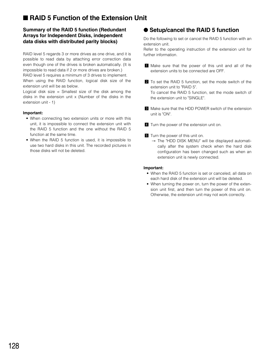 Raid 5 function of the exten, Raid 5 function of the extension unit, Setup/cancel the raid 5 function | Panasonic WJ-HD316 User Manual | Page 128 / 160