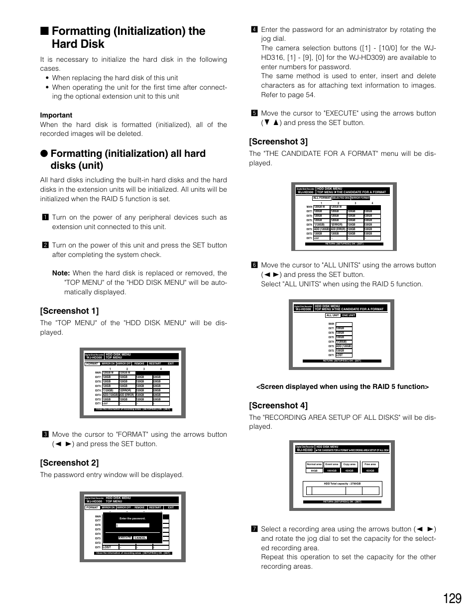 Formatting (initialization), Formatting (initialization) the hard disk, Formatting (initialization) all hard disks (unit) | Screenshot 1, Screenshot 2, Screenshot 3, Screenshot 4 | Panasonic WJ-HD316 User Manual | Page 129 / 160