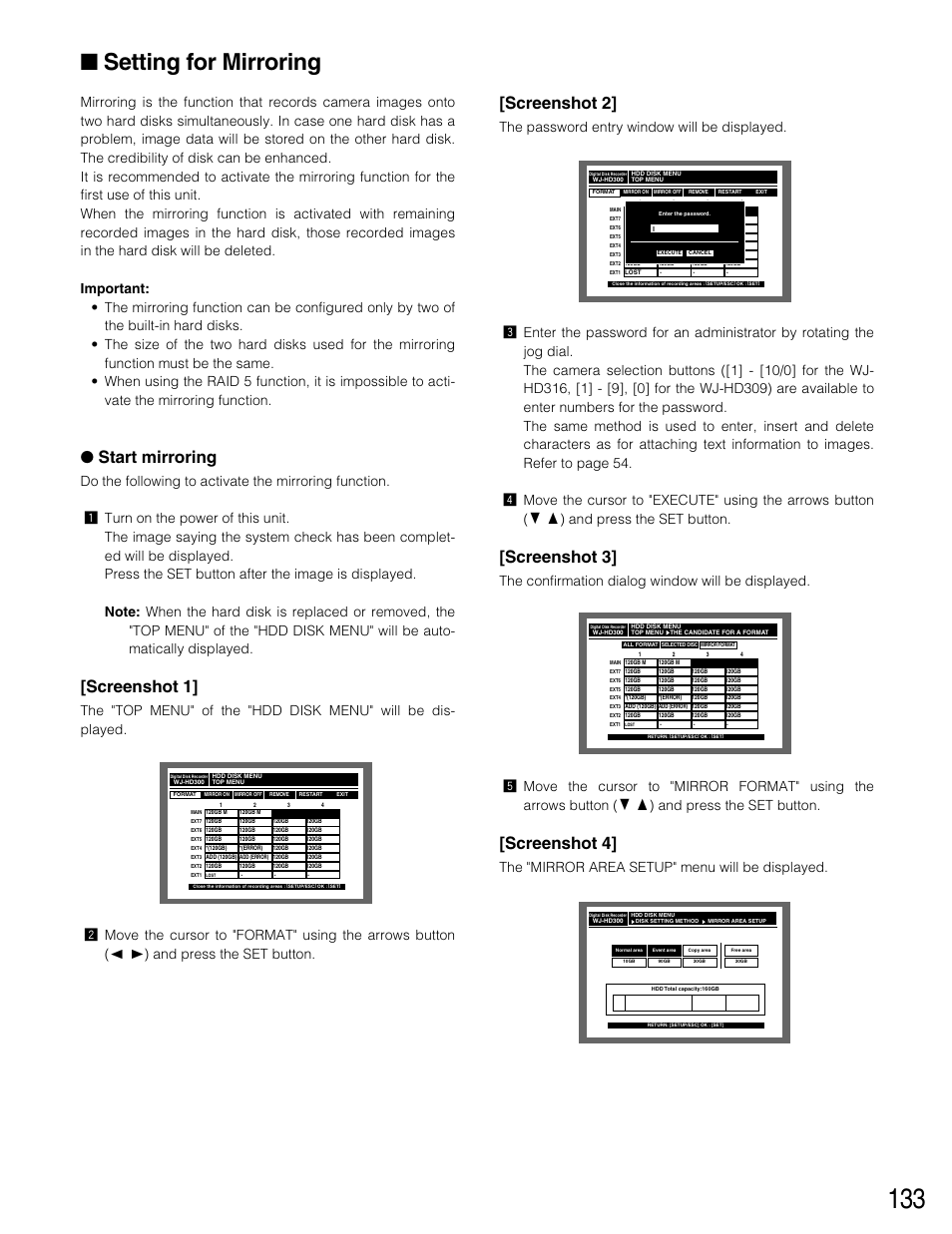 Setting for mirroring, Start mirroring, Screenshot 1 | Screenshot 2, Screenshot 3, Screenshot 4, The "mirror area setup" menu will be displayed | Panasonic WJ-HD316 User Manual | Page 133 / 160